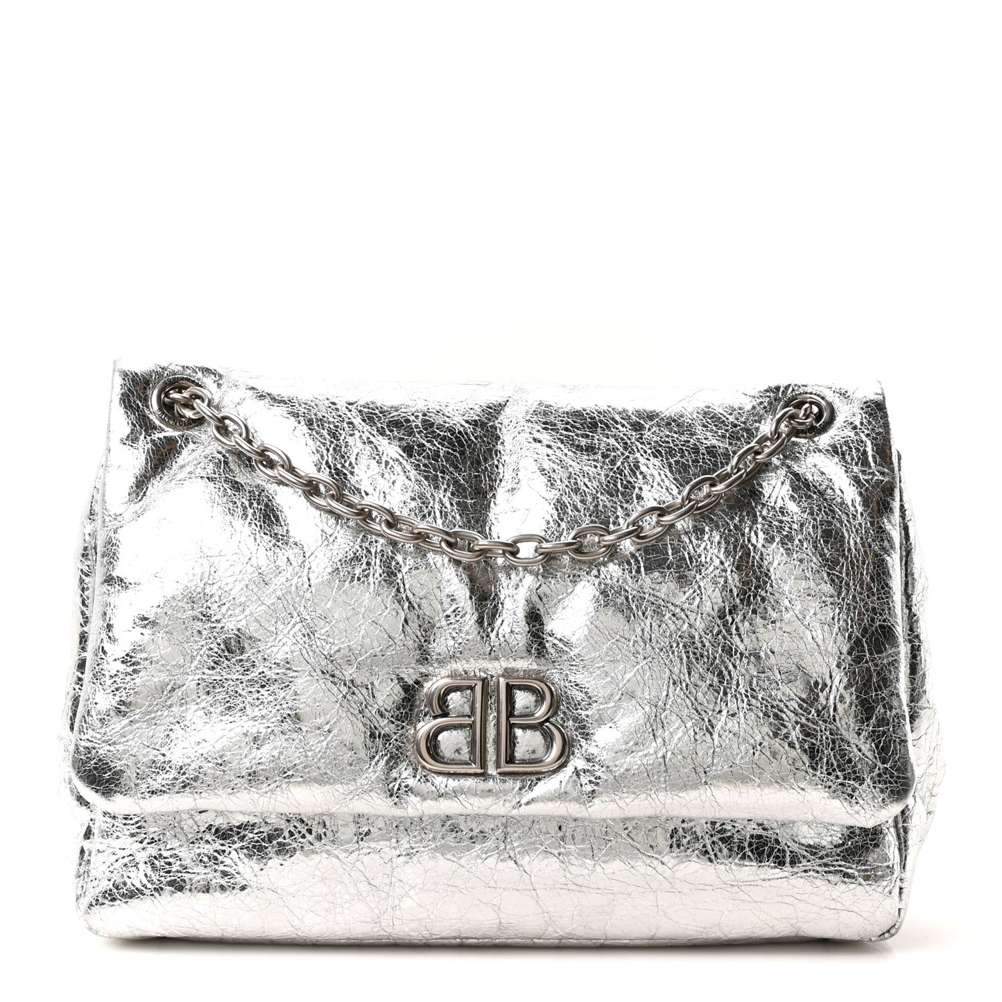 Metallized Arena Calfskin MIni Monaco Chain Shoulder Bag Silver