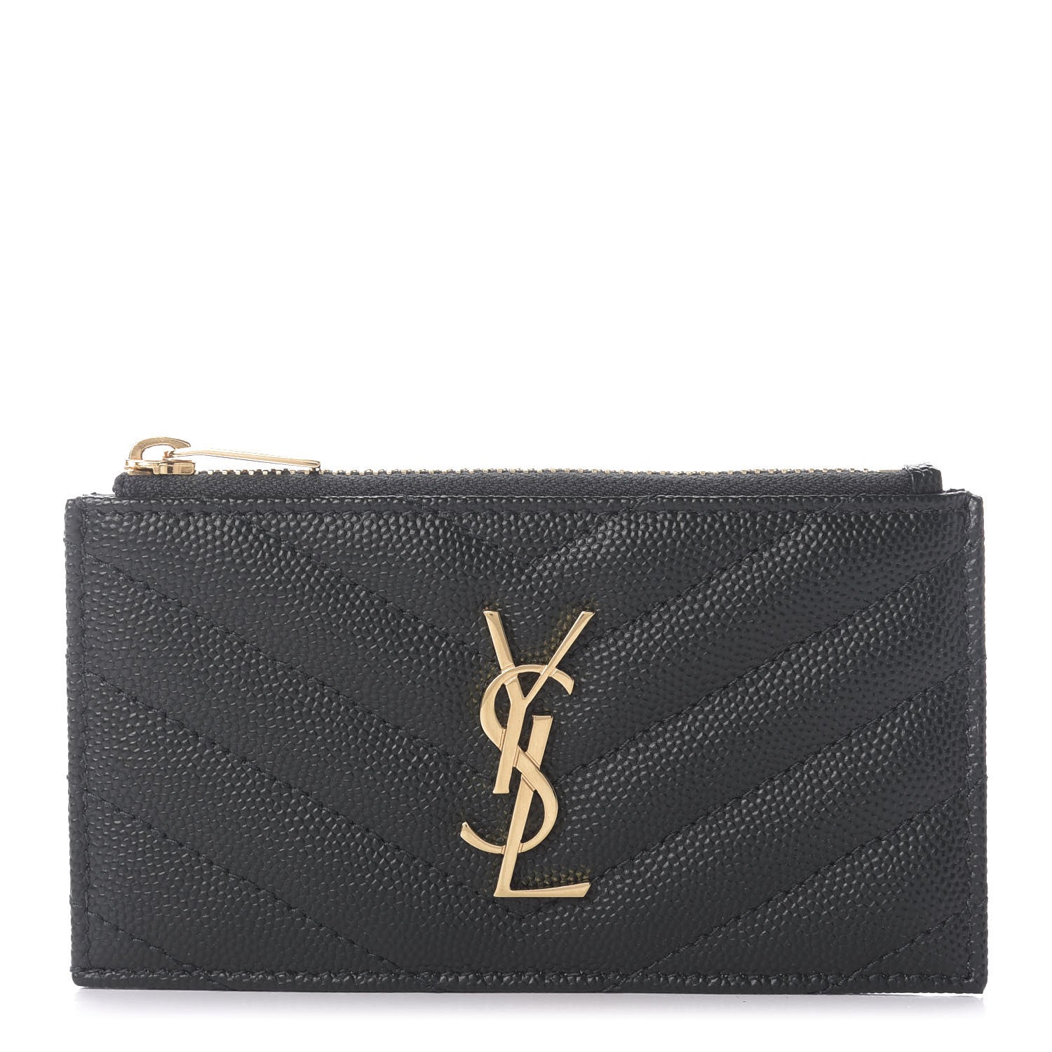 Saint Laurent Grain De Poudre Matelasse Chevron Monogram Fragments Zippered Card Case Dark Mint 1 of 8