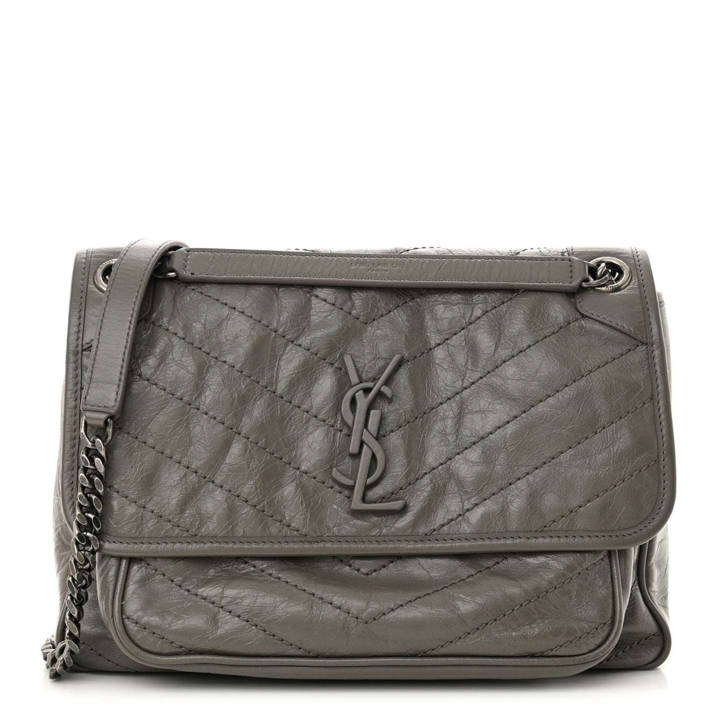 Crinkled Calfskin Matelasse Monogram Medium Niki Chain Satchel Light Gray