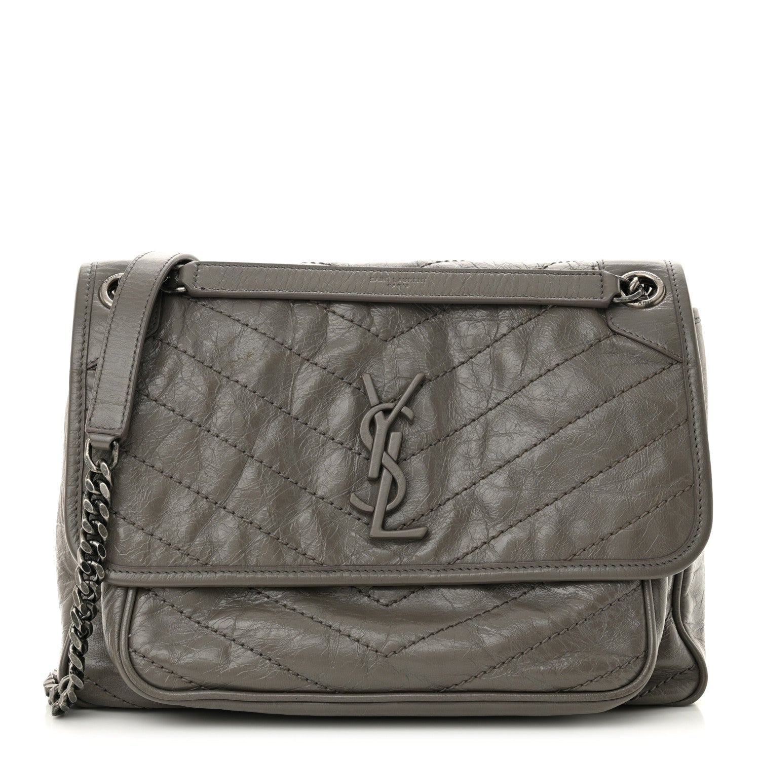 Saint Laurent Crinkled Calfskin Matelasse Monogram Medium Niki Chain Satchel Light Gray 1 of 14
