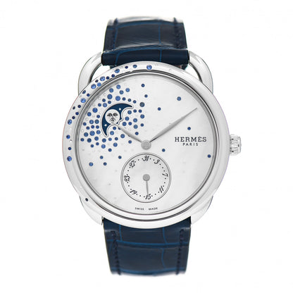 Hermes Stainless Steel Alligator Diamond Blue Sapphire Mother of Pearl 38mm Arceau Petite Lune Automatic Watch Bleu Saphir 1 of 5