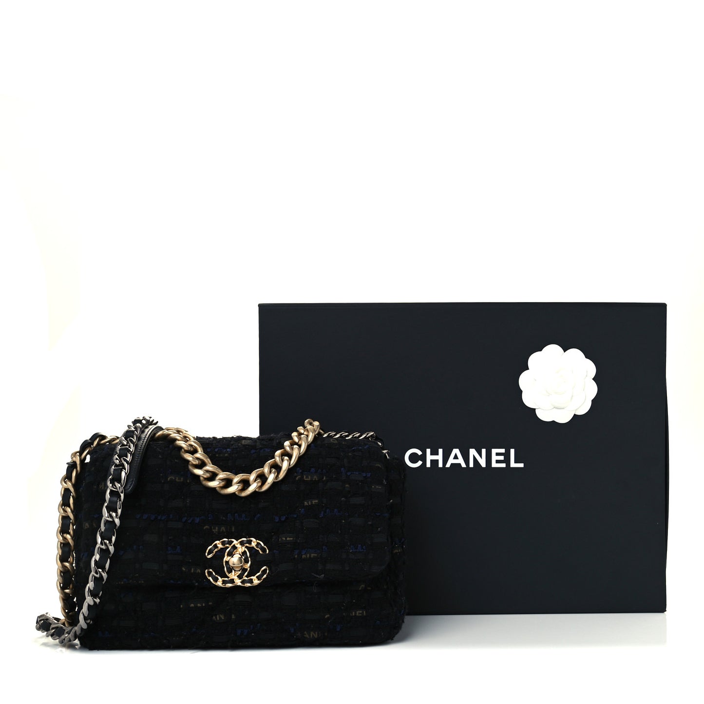 Tweed Quilted Medium Chanel 19 Flap Black Navy Gold