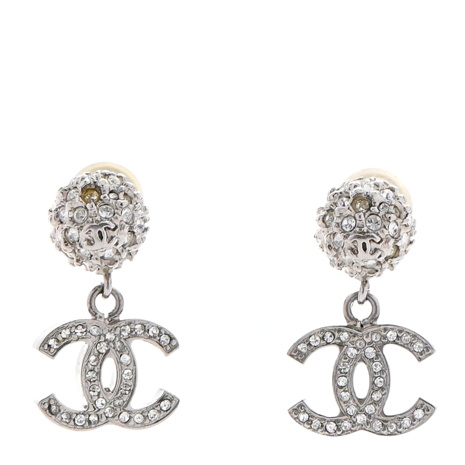 Chanel Crystal CC Drop Earrings Silver 1 of 9