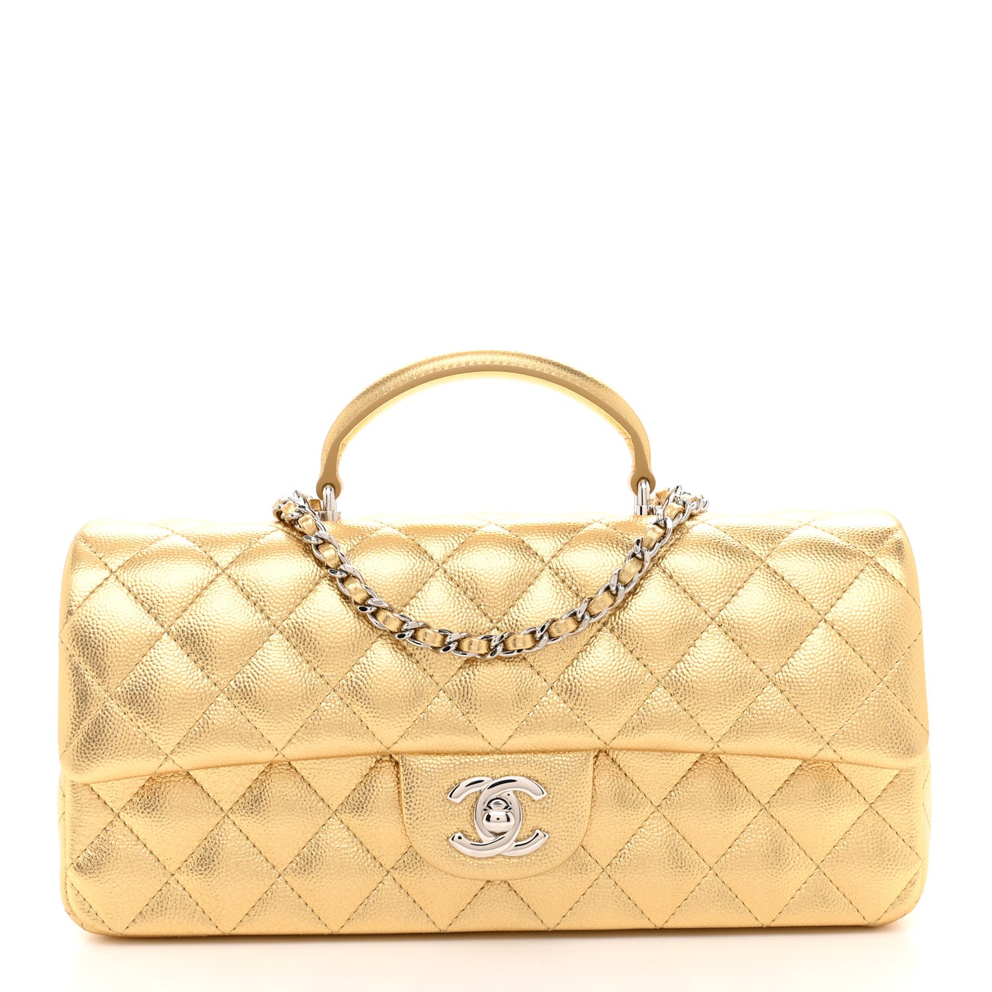 Metallic Caviar Quilted Top Handle East West Flap Gold