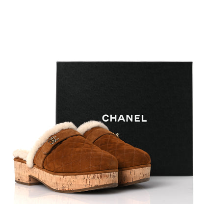 Chanel Suede Calfskin Shearling Turn Lock Clogs 40 Brown 10 of 10