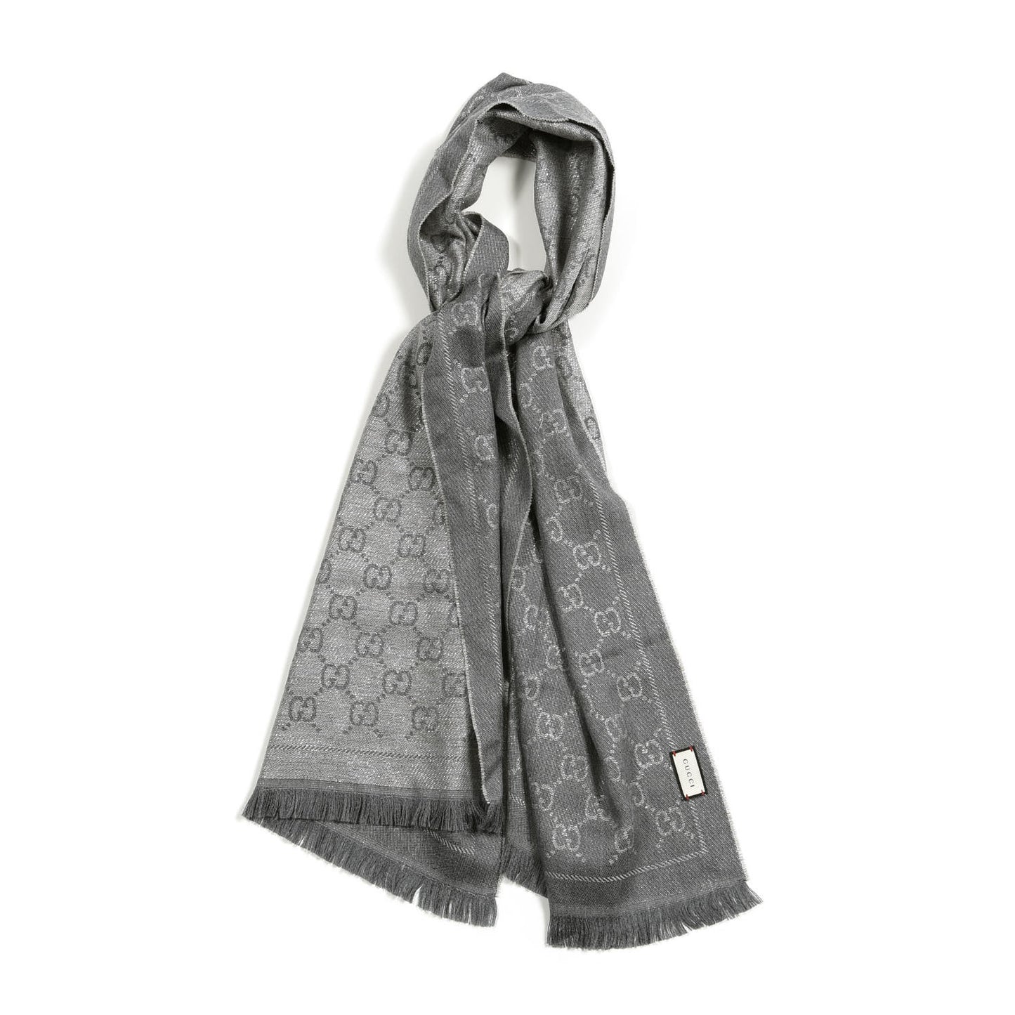 Wool Jacquard Monogram Fringe Scarf Silver