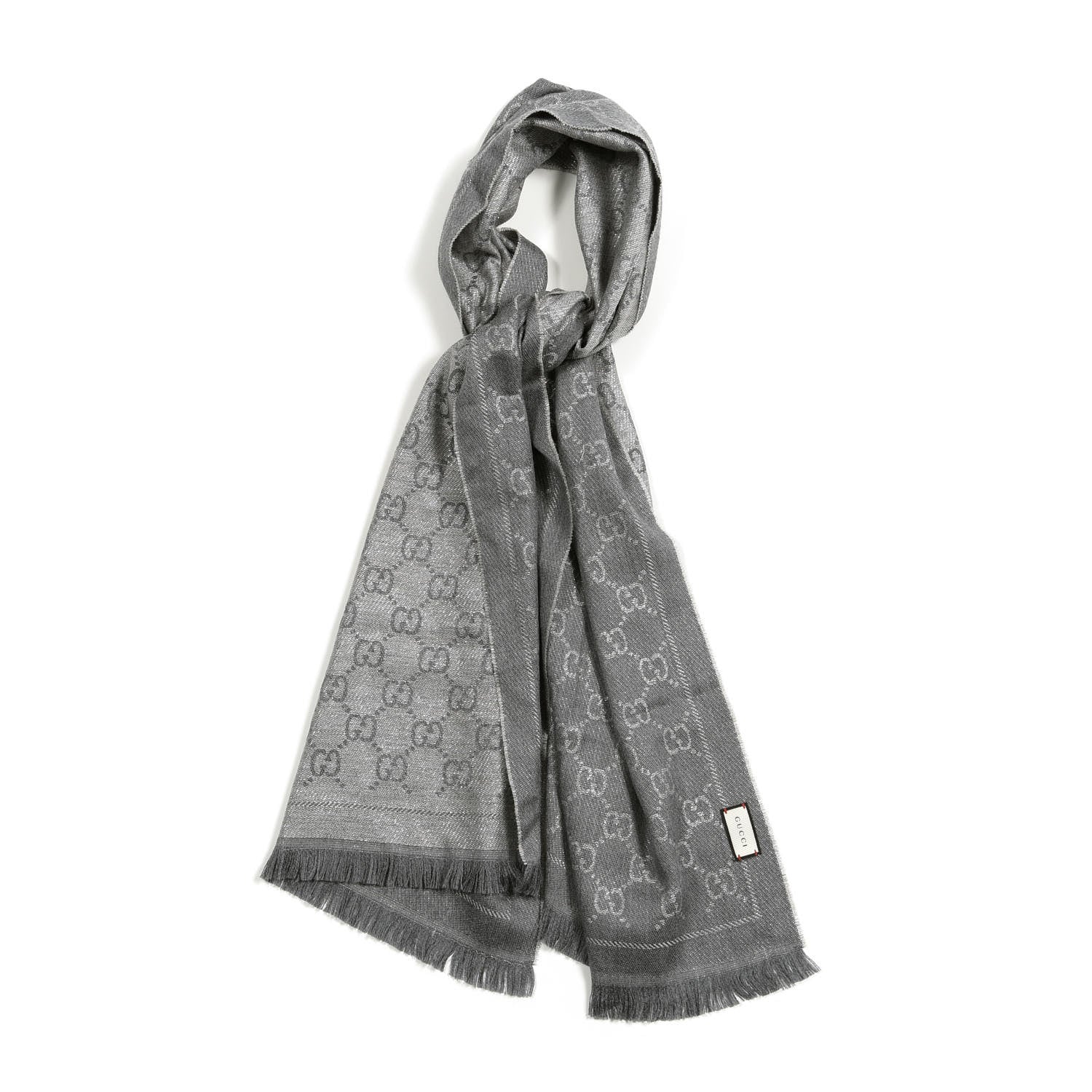 Gucci Wool Jacquard Monogram Fringe Scarf Silver 1 of 4