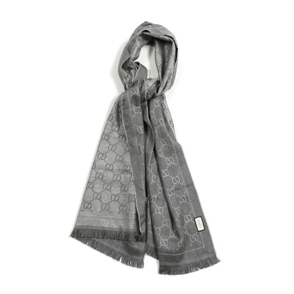 Gucci Wool Jacquard Monogram Fringe Scarf Silver 1 of 4