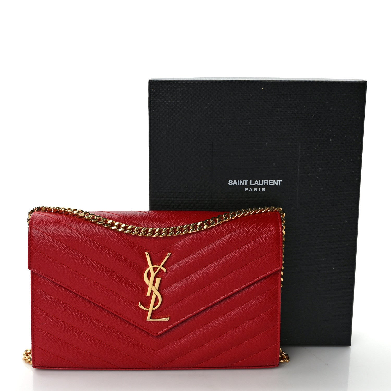 Saint Laurent Grain De Poudre Matelasse Chevron Monogram Chain Wallet Red 9 of 9