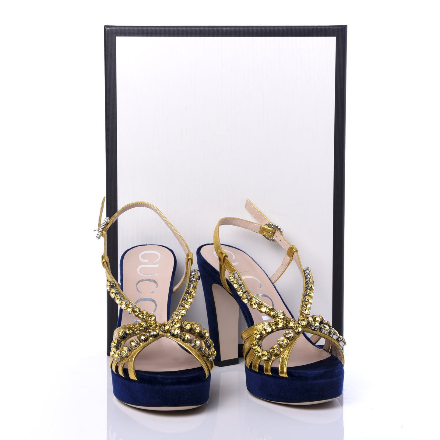 Velvet Crystal Zephyra Slingback Platform High Heel Sandals 36 Blue Gold
