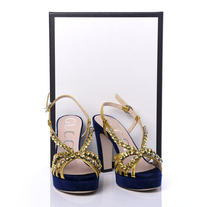 Gucci Velvet Crystal Zephyra Slingback Platform High Heel Sandals 36 Blue Gold 9 of 9