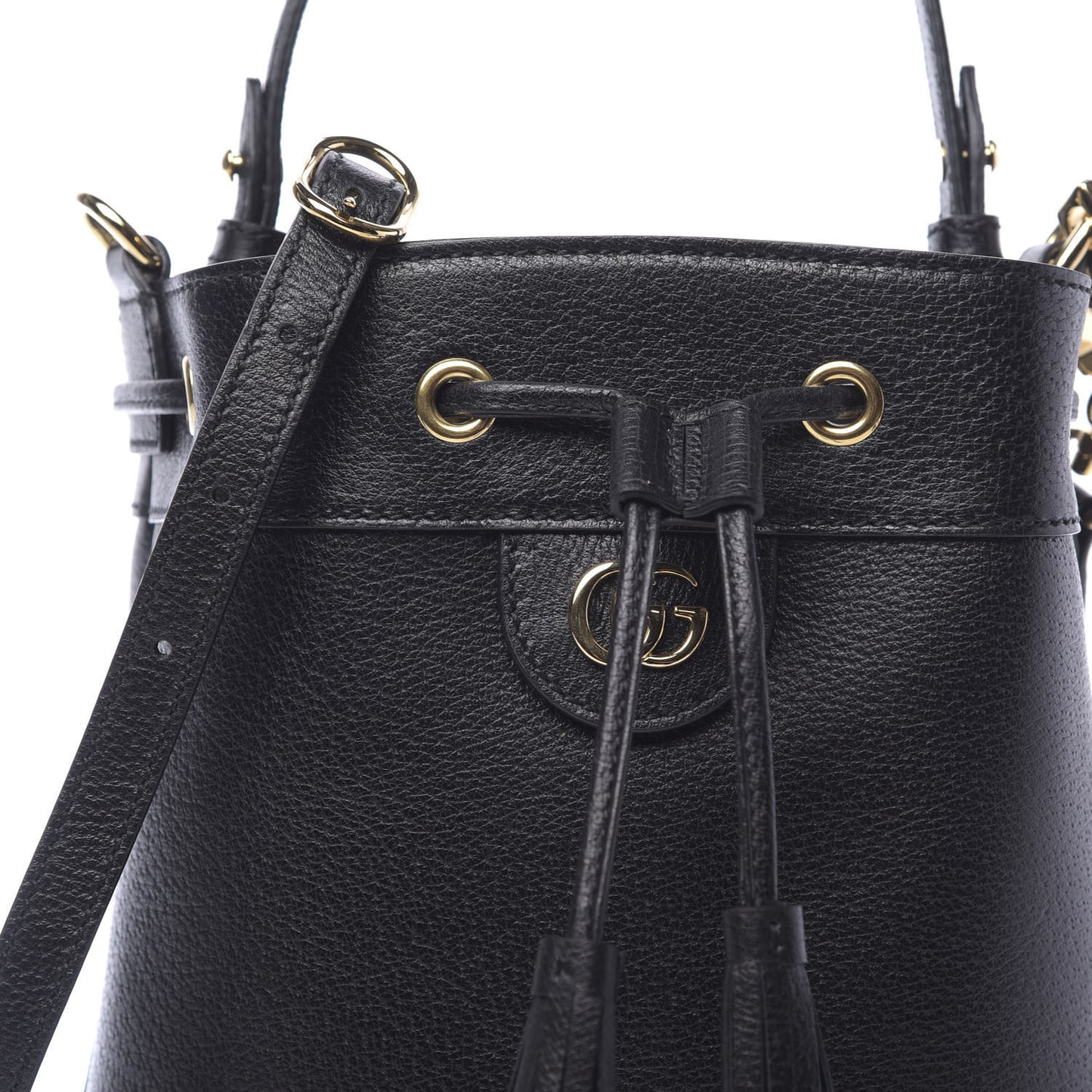 Glazed Textured Calfskin Web Small Ophidia Bucket Bag Black