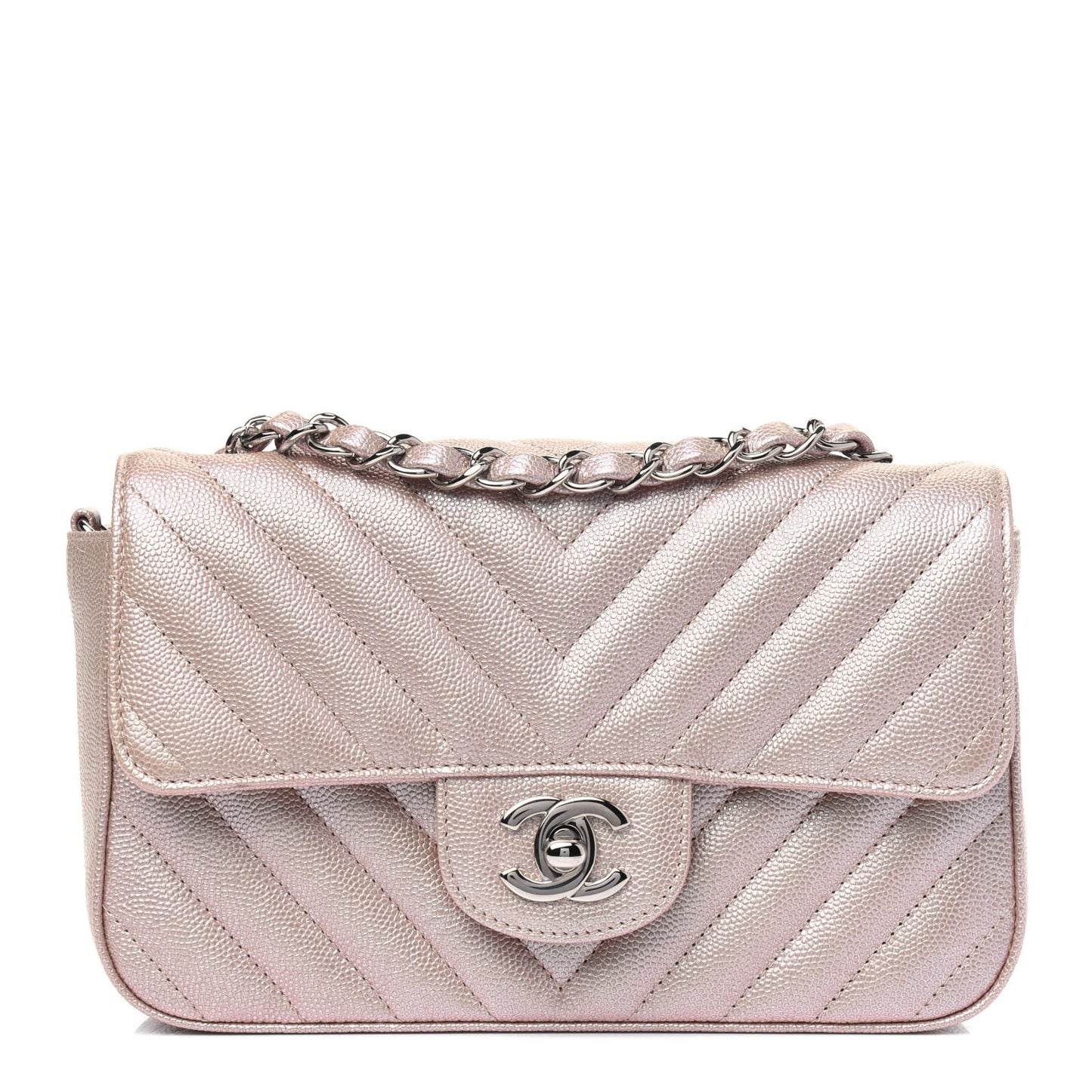 Iridescent Caviar Chevron Quilted Mini Rectangular Flap Light Gold