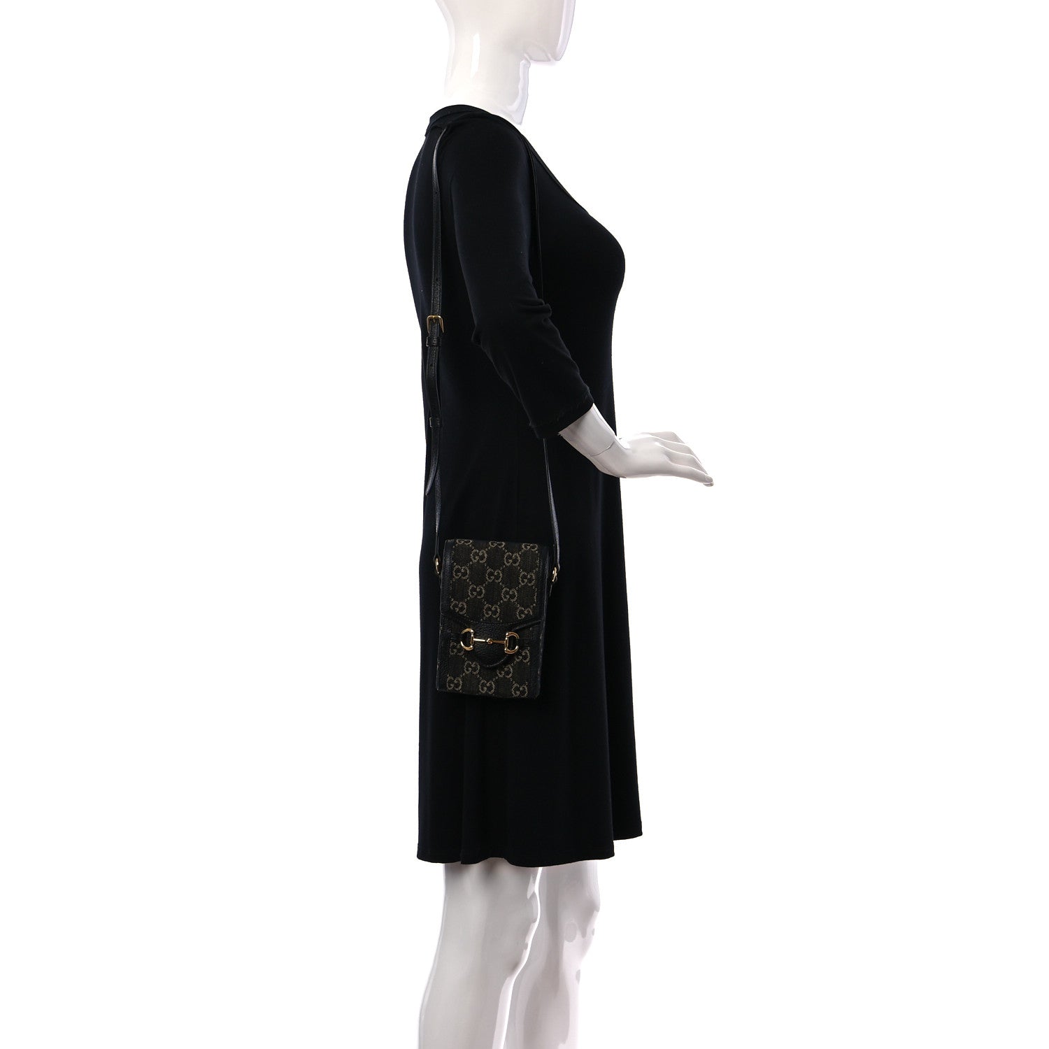 Gucci Jacquard Black Denim GG Monogram Textured Dollar Calfskin Mini Horsebit 1955 Crossbody Bag Black Ivory 2 of 11