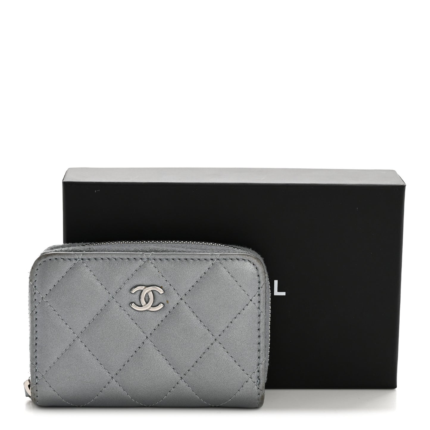 Metallic Lambskin Quilted Zip Around Coin Purse Wallet Silver