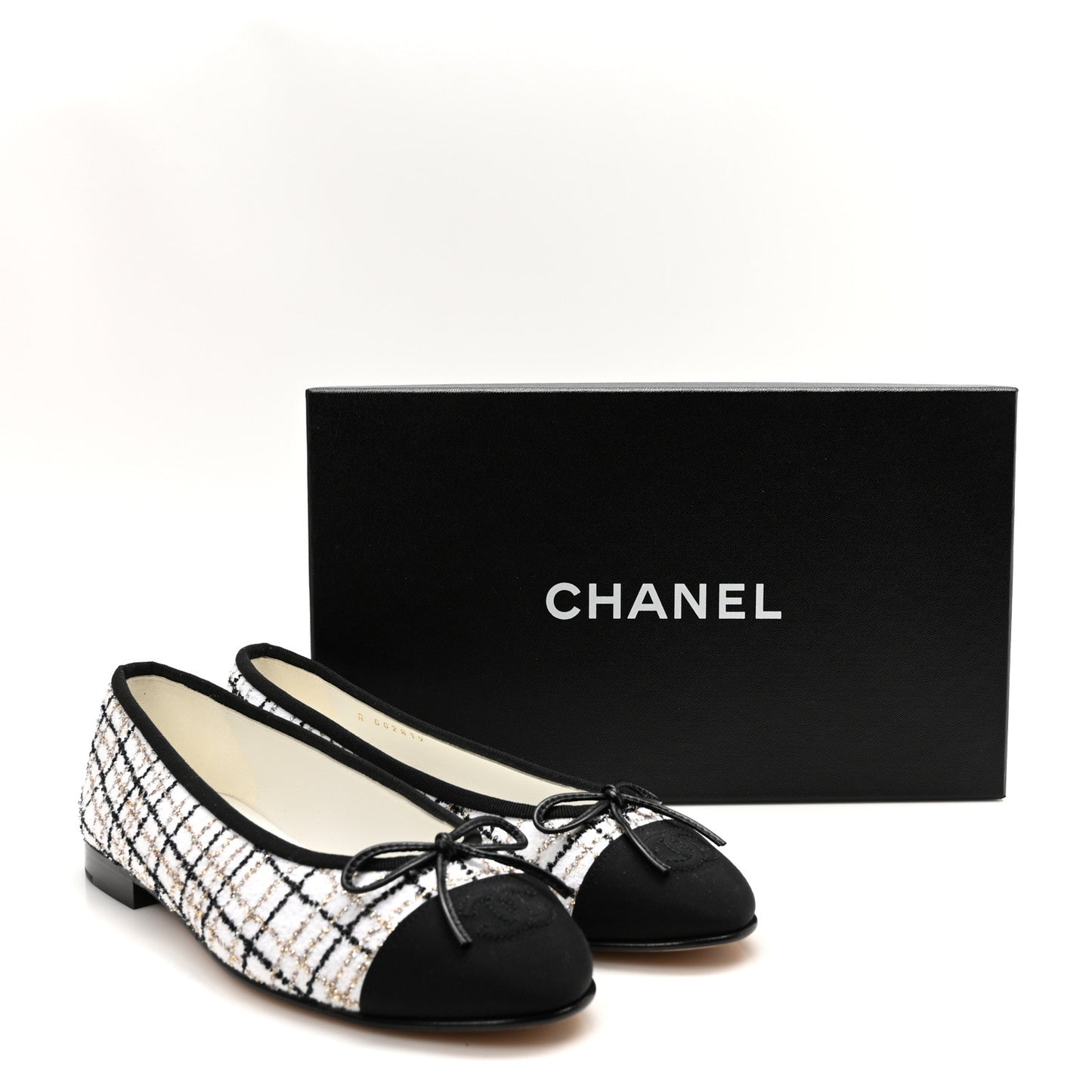 Tweed Grosgrain Cap Toe Ballerina Flats 37.5 White Gold Black