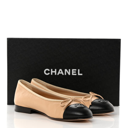 Chanel Lambskin Cap Toe CC Ballerina Flats 36 Beige Black 10 of 10