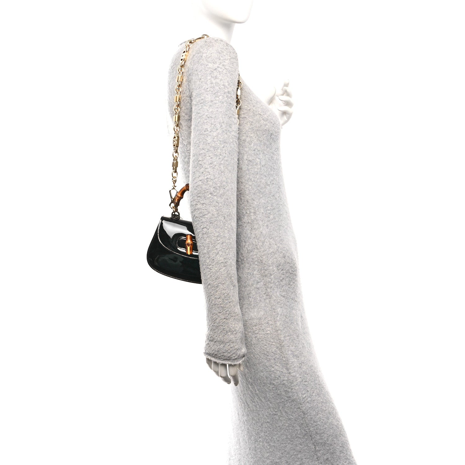Gucci Patent Crystal Mini Bamboo 1947 Top Handle Chain Bag Black 2 of 10