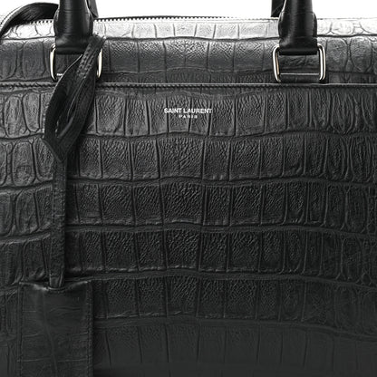Saint Laurent Calfskin Crocodile Embossed Classic Duffle Bag Black 9 of 11