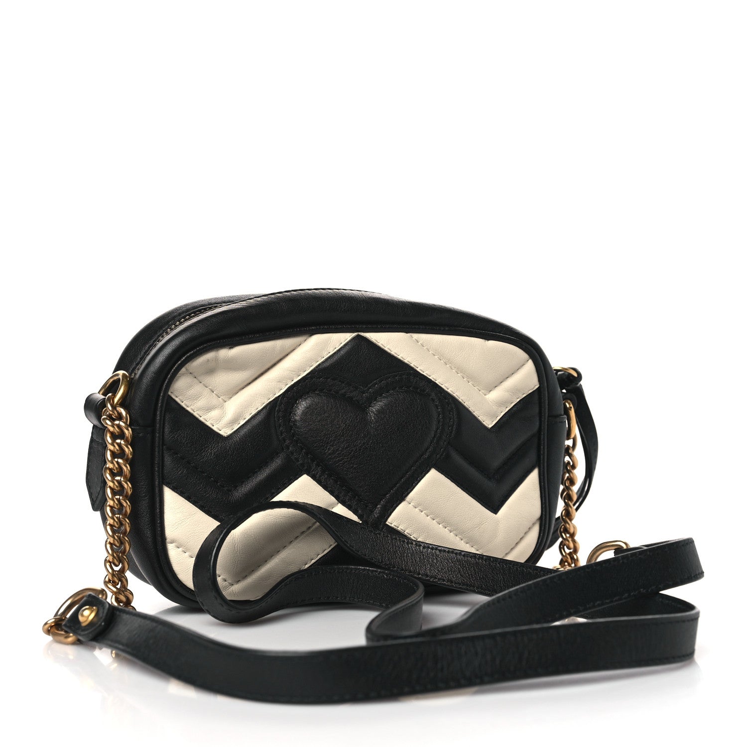 Gucci Calfskin Matelasse Mini GG Marmont Chain Shoulder Bag Black White 3 of 10