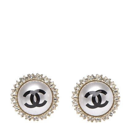 Chanel Pearl Crystal Coco's Pearls CC Stud Earrings Gold Black 1 of 5