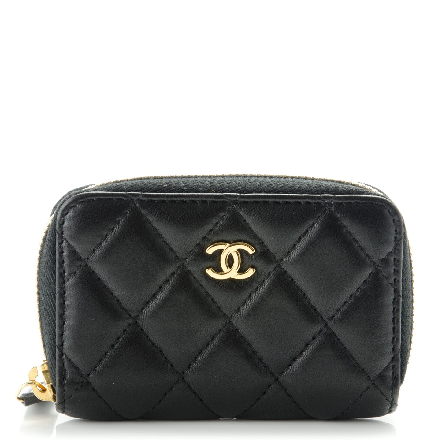 Lambskin Quilted Zip Around Coin Purse Wallet Black