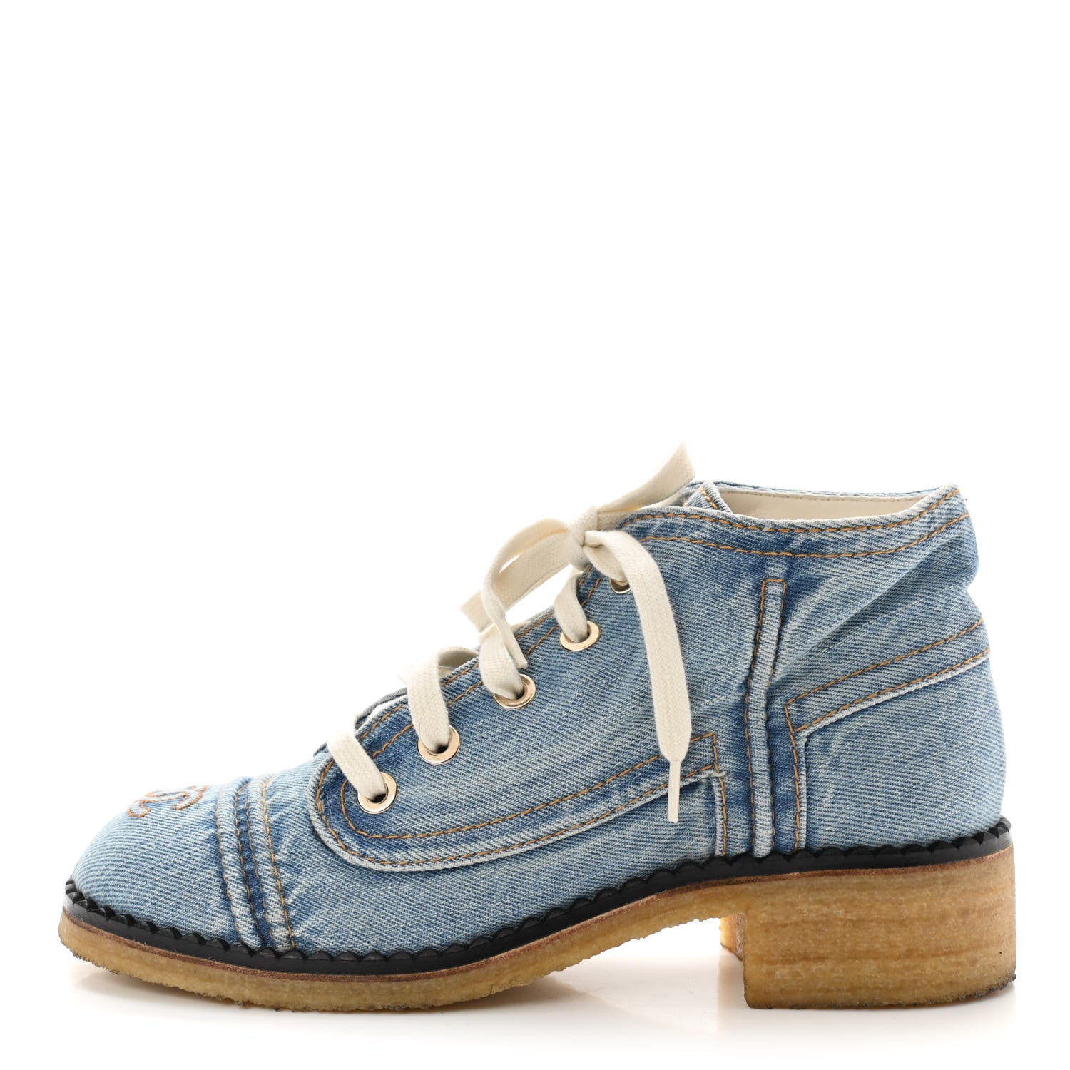Chanel Denim Lace Up Boots 38.5 Light Blue 1 of 11
