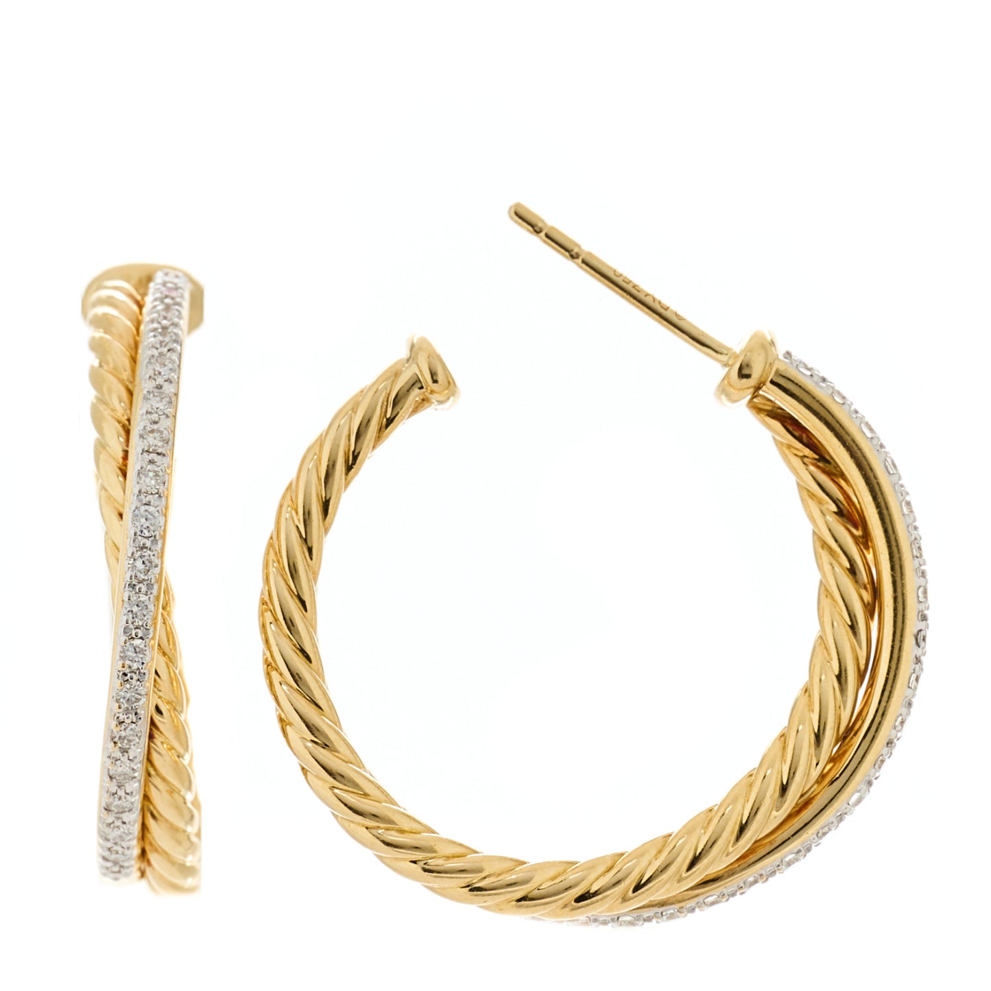 18K Yellow Gold Diamond 26.5mm Crossover Hoop Earrings