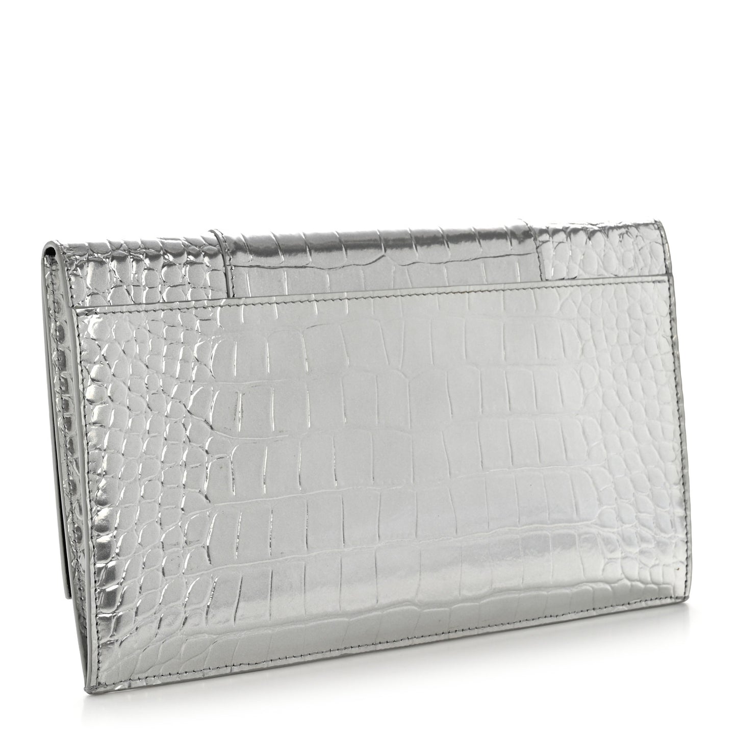 Metallic Calfskin Crocodile Embossed Hourglass Flap Flat Pouch Silver