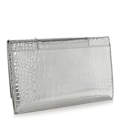 Balenciaga Metallic Calfskin Crocodile Embossed Hourglass Flap Flat Pouch Silver 3 of 15