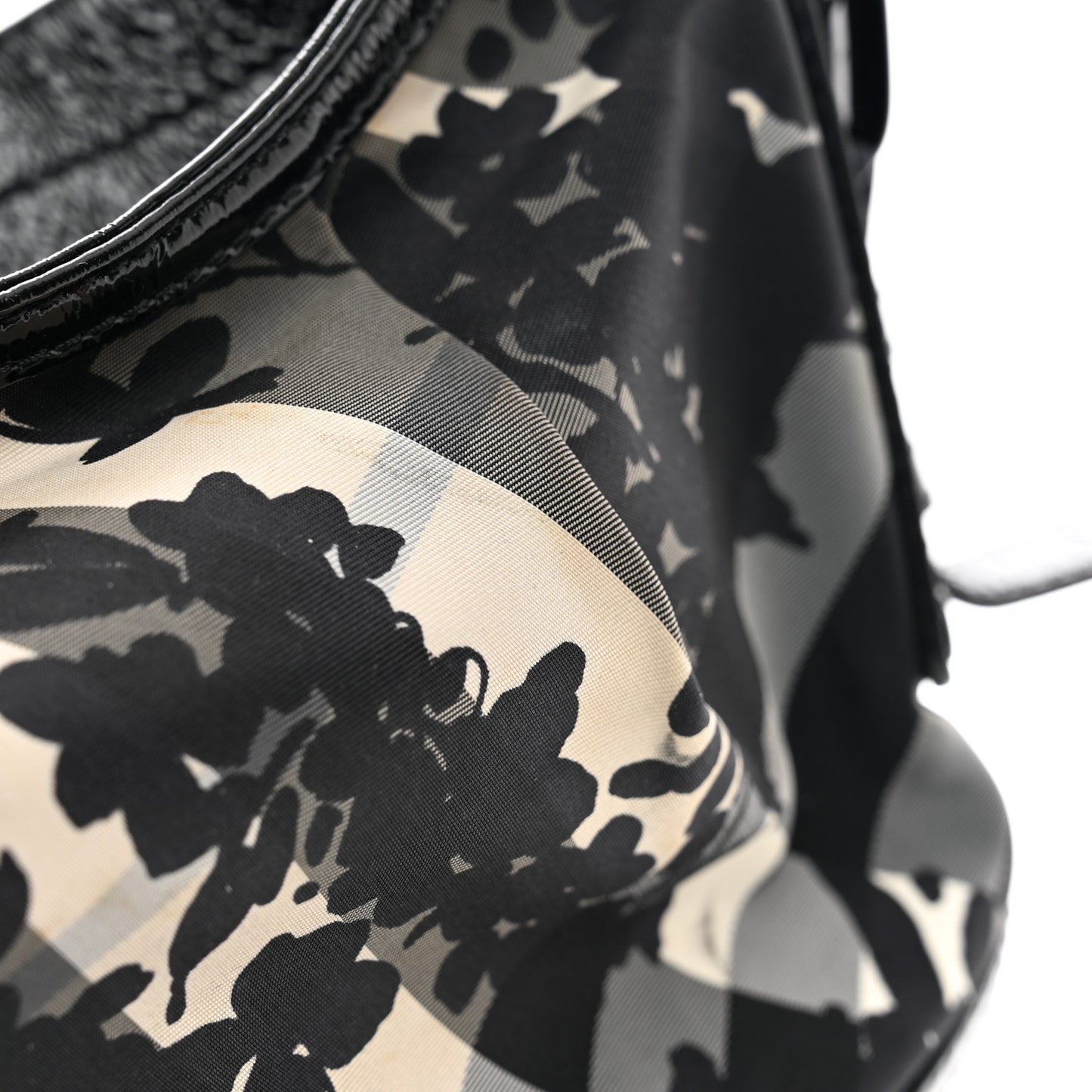 Patent Nylon Beat Check Floral Print Hobo Black