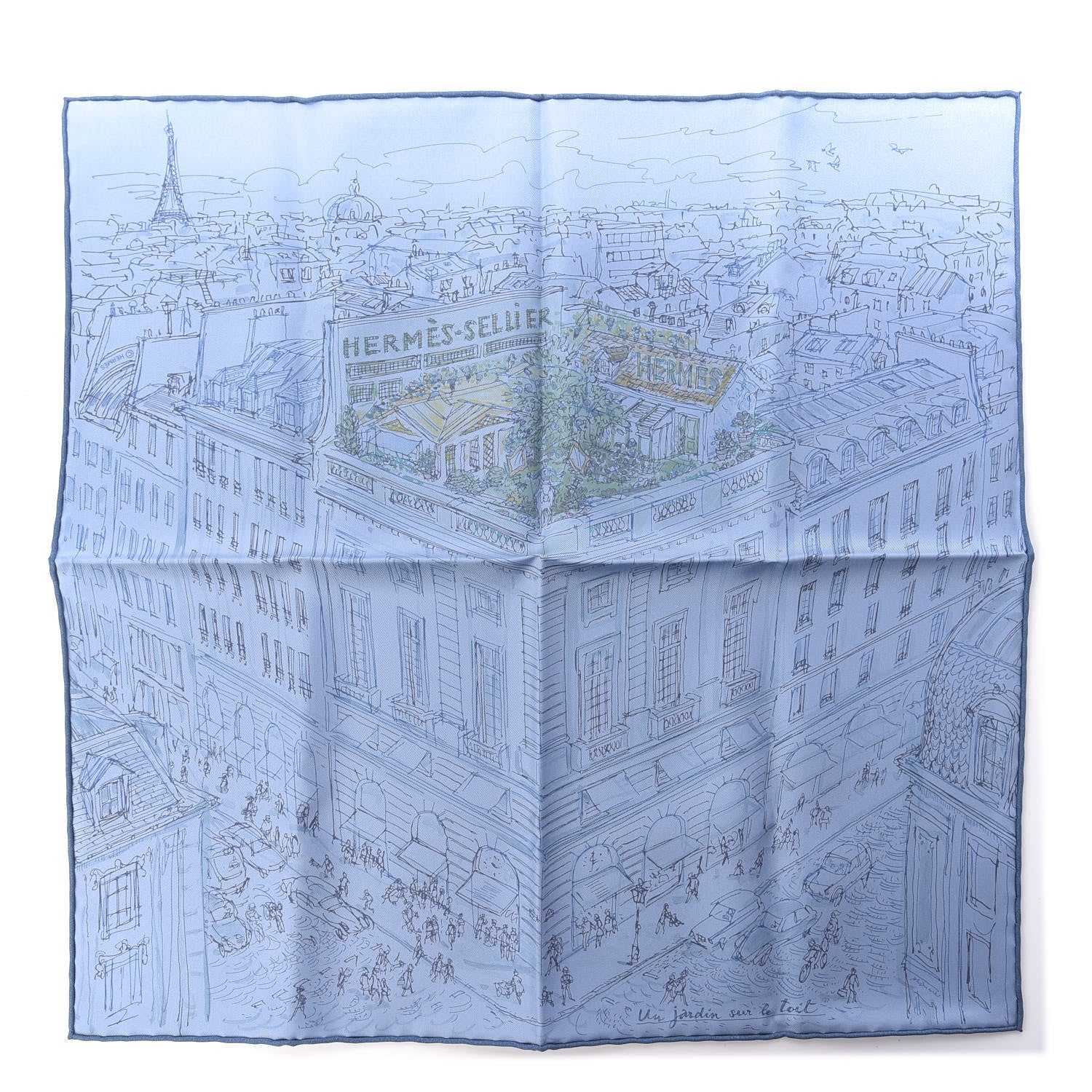 Hermes Silk Un Jardin Sur Le Toit Pocket Square Bleu Azur Bleu Jean 1 of 5