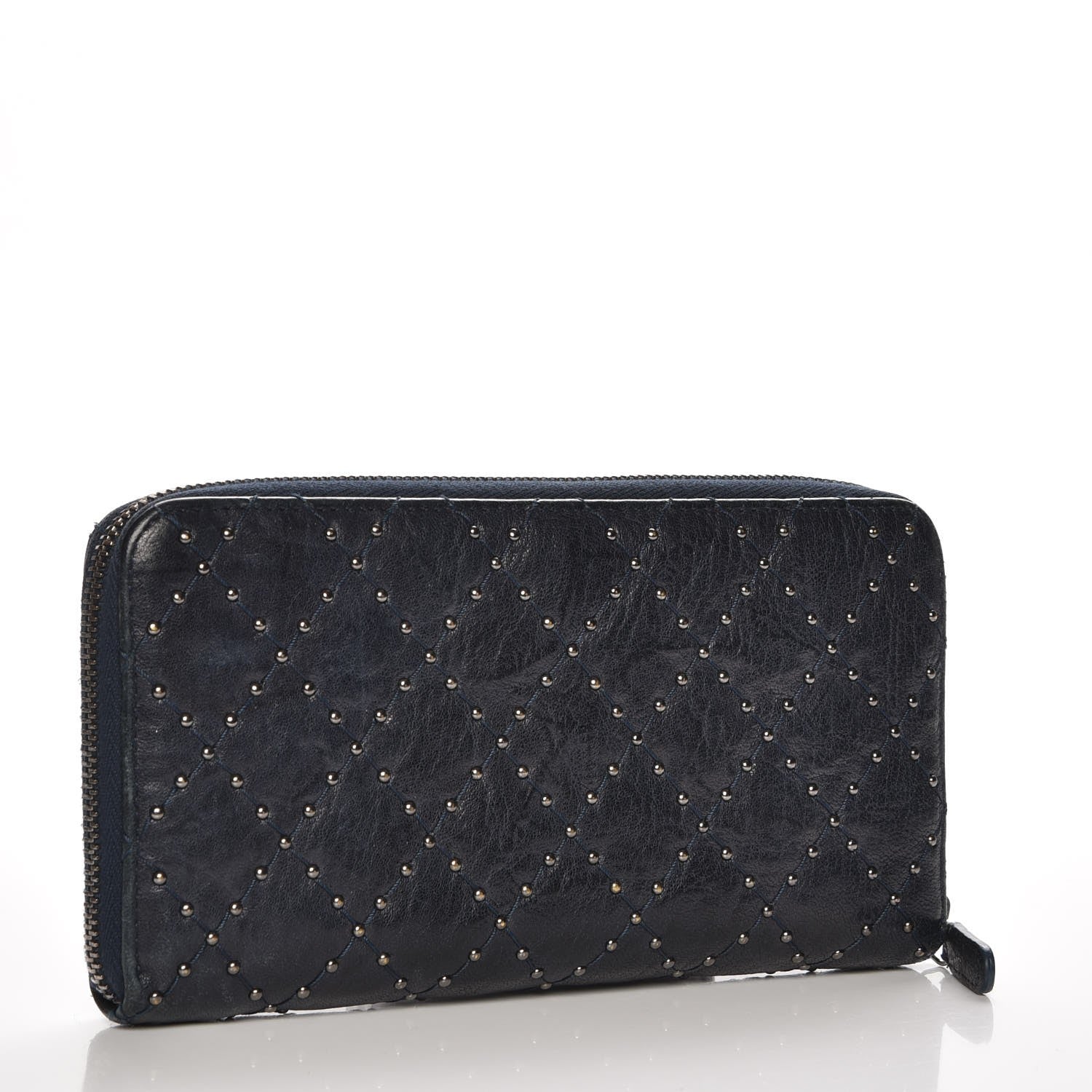 Chanel Crumpled Lambskin Studded Paris Dallas Zip Around Wallet Navy 3 of 8