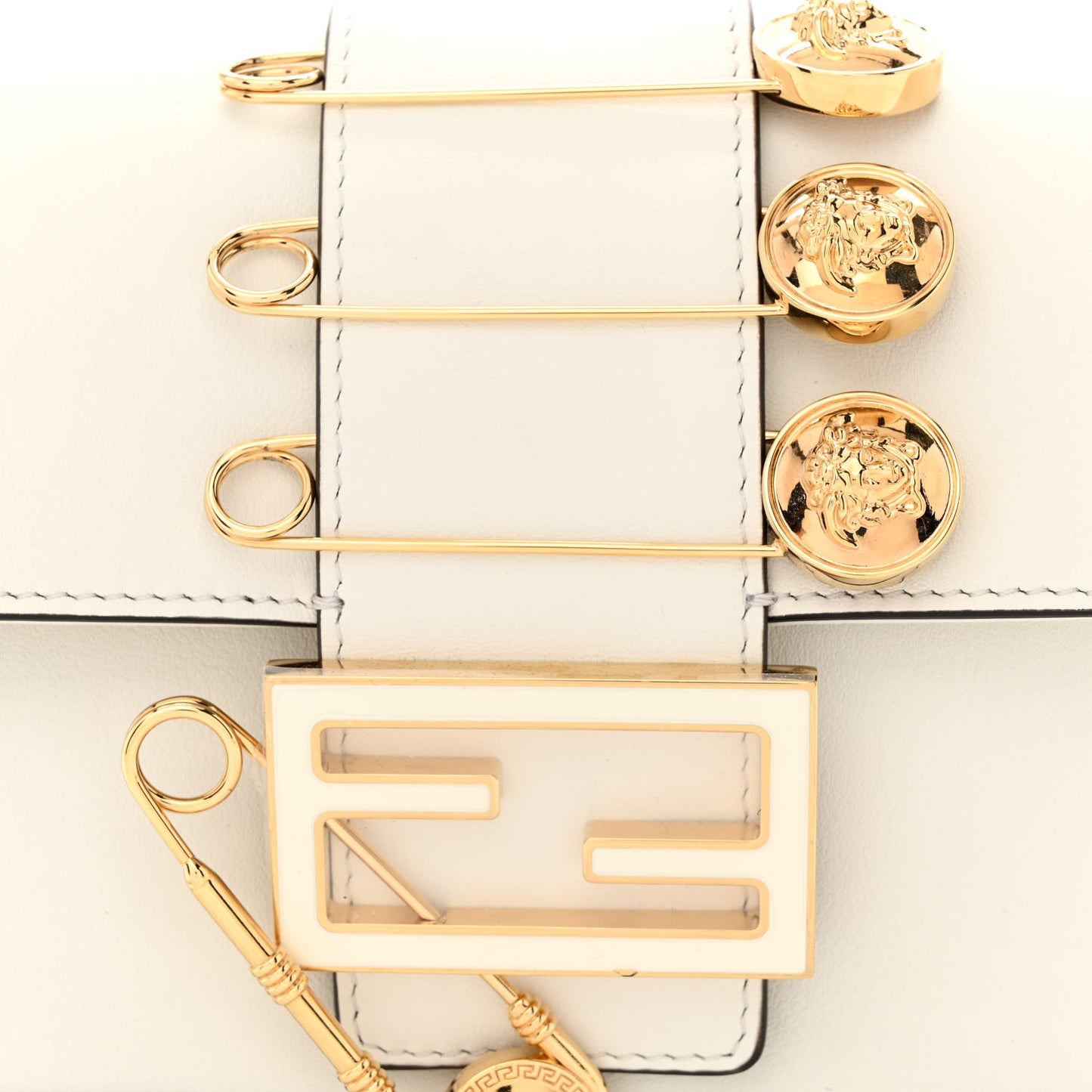 X VERSACE Vitello Seta Fendace Mini Brooch Baguette White Ice