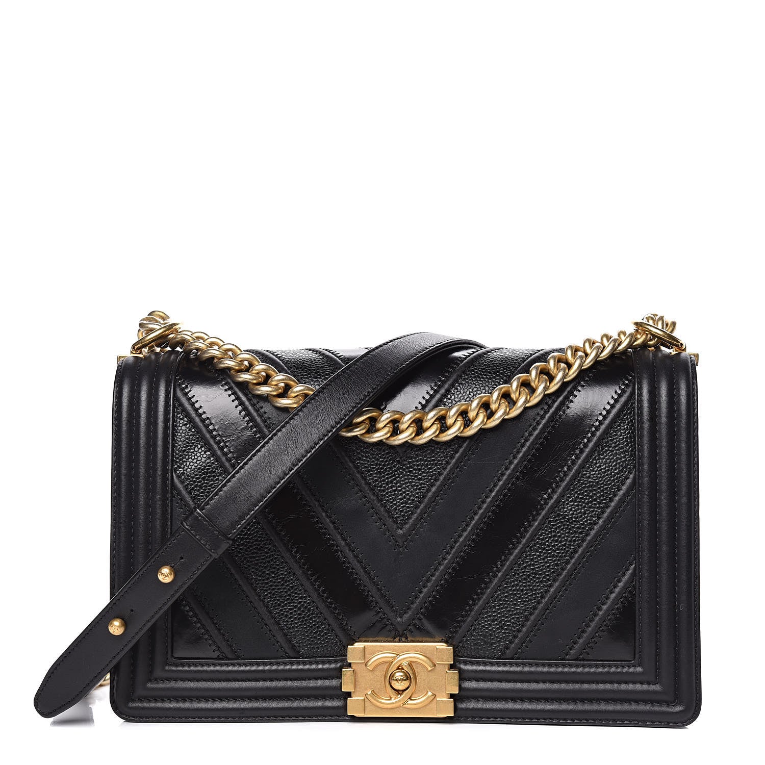 Chanel Calfskin Caviar Suede Chevron New Medium Boy Flap Black 1 of 10