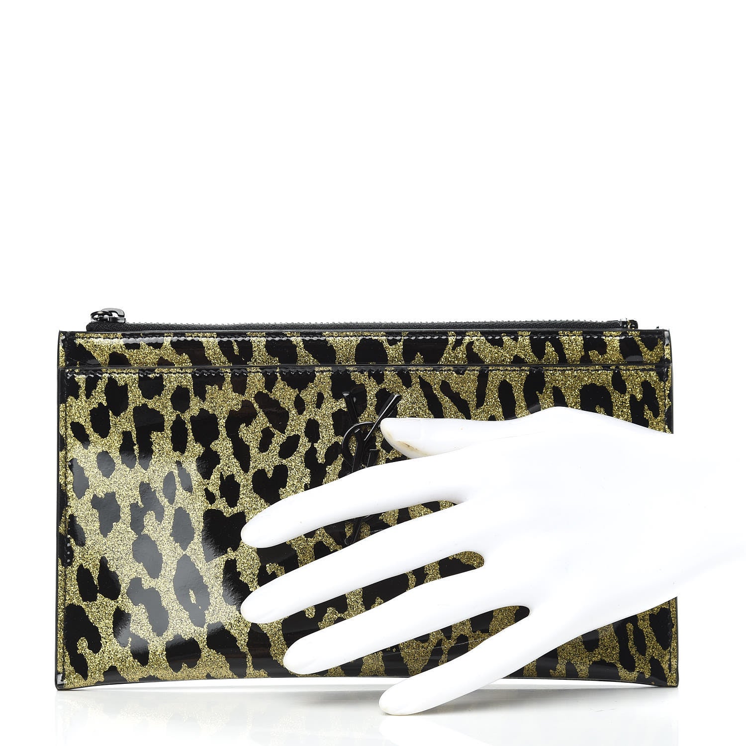 Saint Laurent Patent Glitter Leopard Monogram Zip Pouch Gold Black 1 of 7