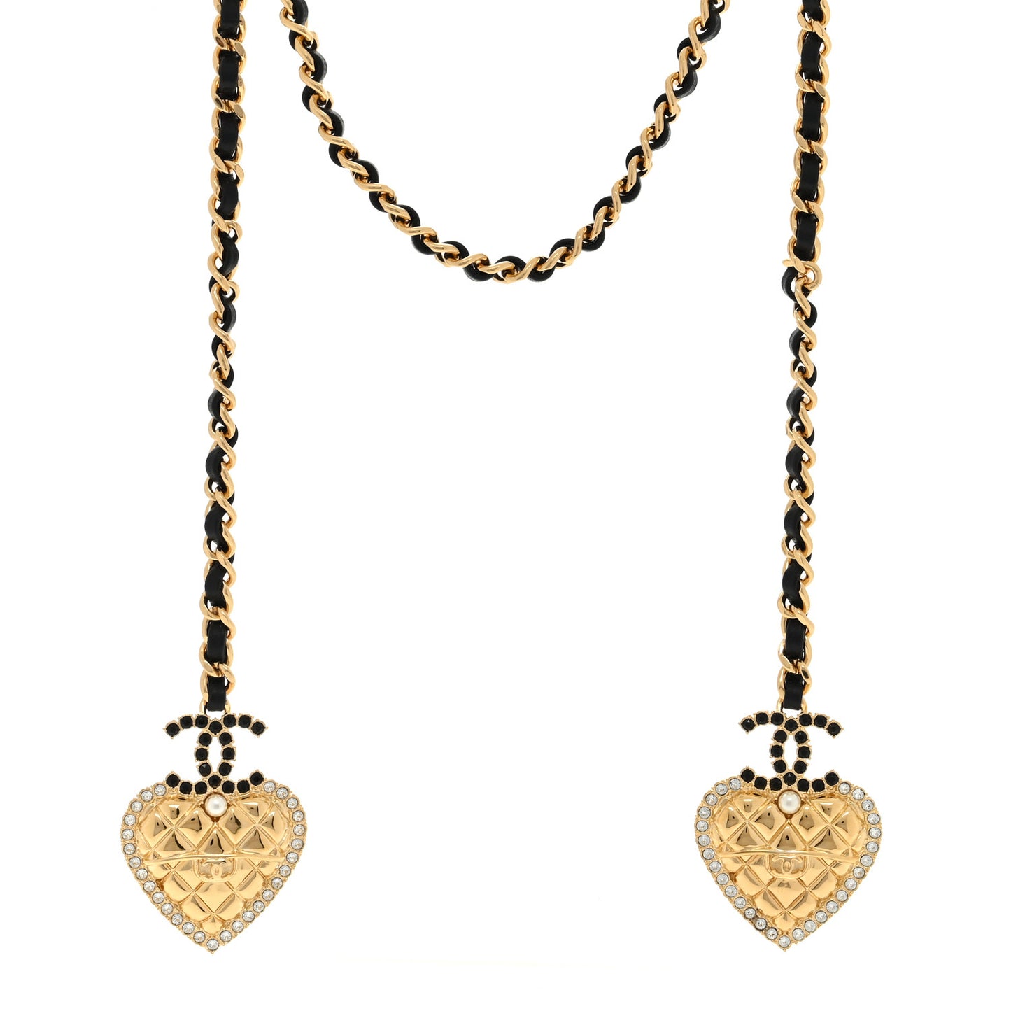 Metal Lambskin Glass Pearl Strass Heart Wrap Necklace Black Gold