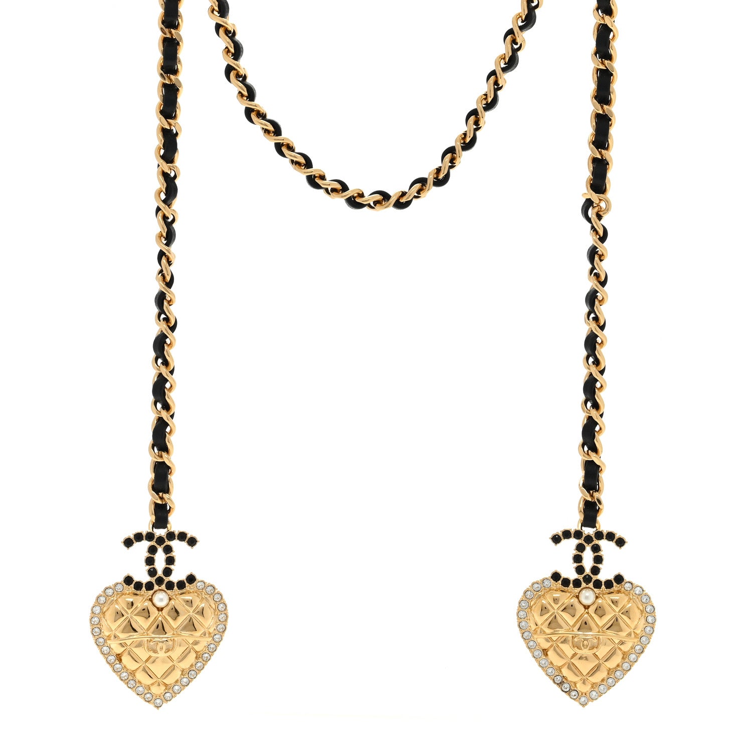 Chanel Metal Lambskin Glass Pearl Strass Heart Wrap Necklace Black Gold 1 of 5