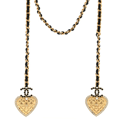 Chanel Metal Lambskin Glass Pearl Strass Heart Wrap Necklace Black Gold 1 of 5