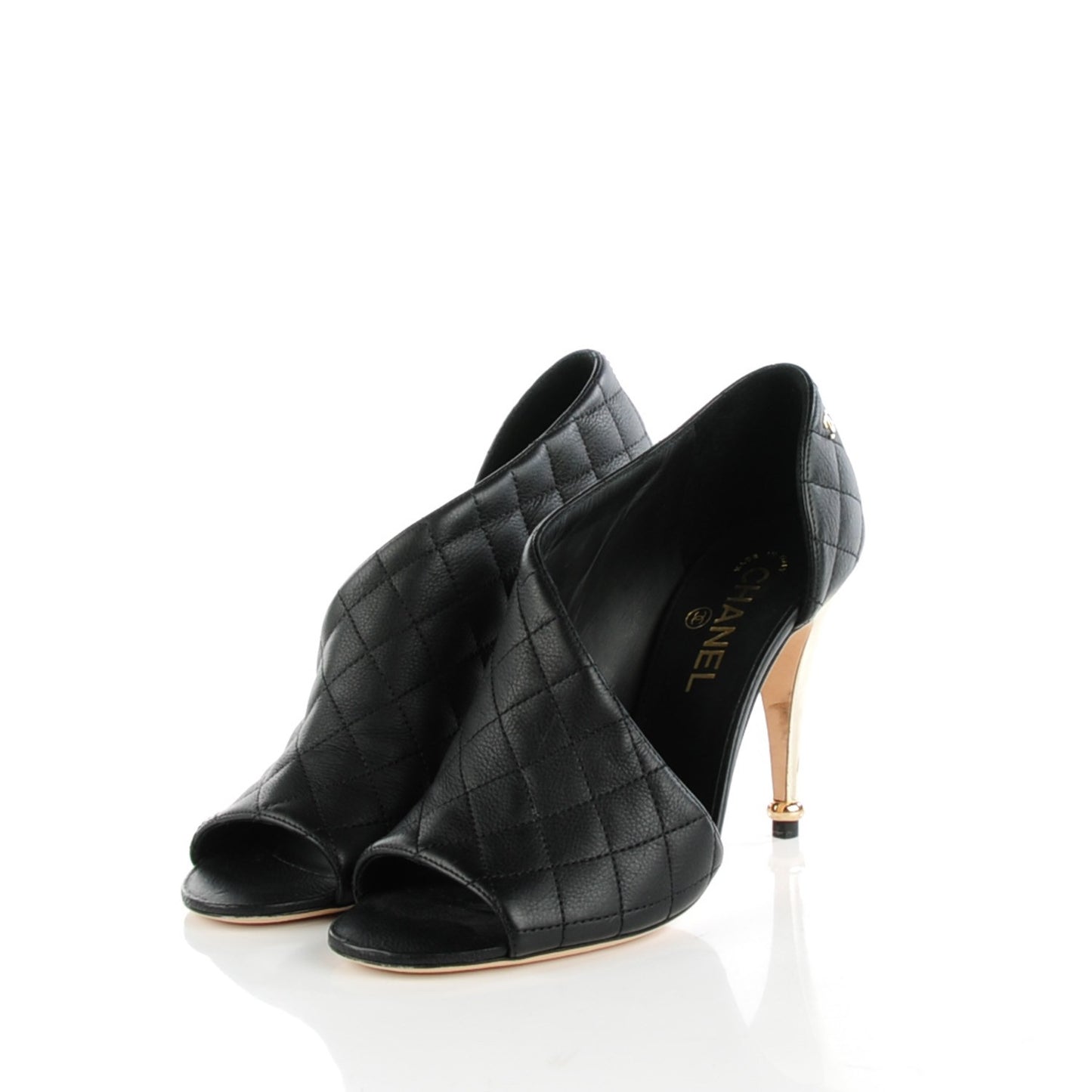 Calfskin Quilted Peep Toe Pumps 38.5 Black