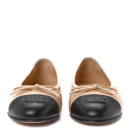 Chanel Lambskin Cap Toe CC Ballerina Flats 36.5 Beige Black 2 of 9