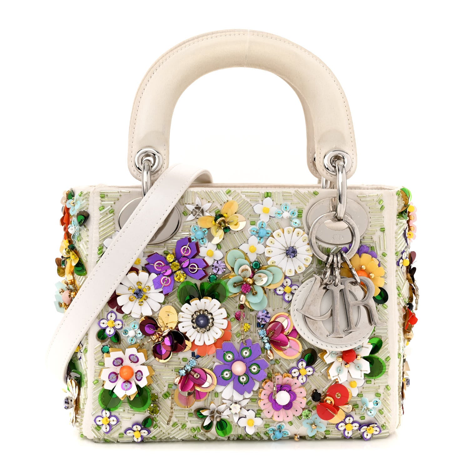 Christian Dior Satin Beaded Floral Embroidered Mini Lady Dior White Multicolor 1 of 19