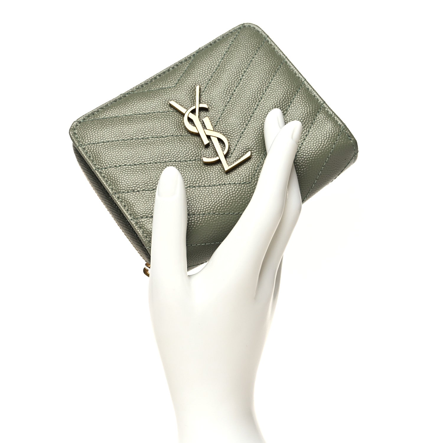 Saint Laurent Grain De Poudre Matelasse Chevron Monogram Compact Zip Around Wallet Vert Kaki 2 of 9