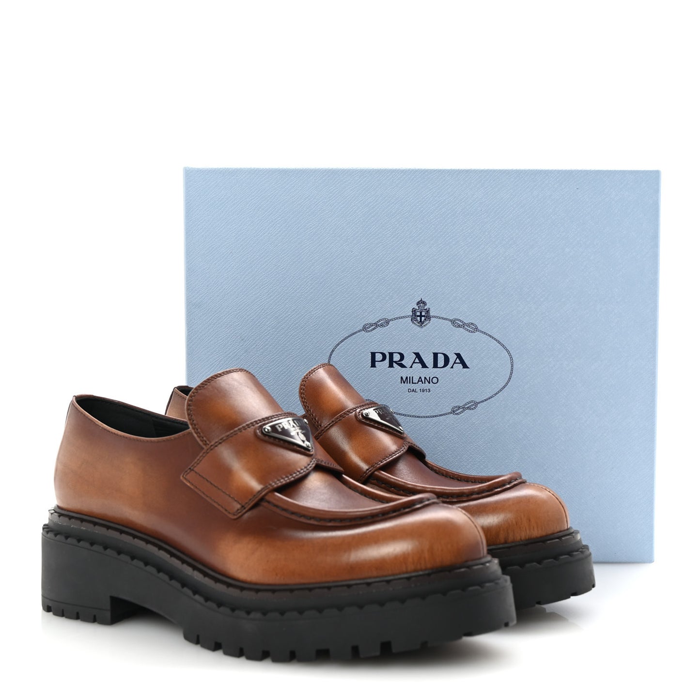 Spazzolato Fume Metal Triangle Logo 50mm Loafers 38.5 Cognac