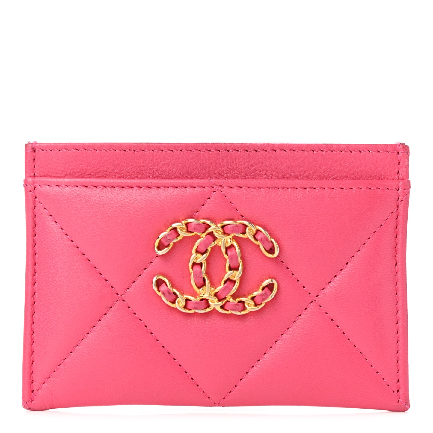 Shiny Goatskin Quilted Chanel 19 Card Holder Dark Pink