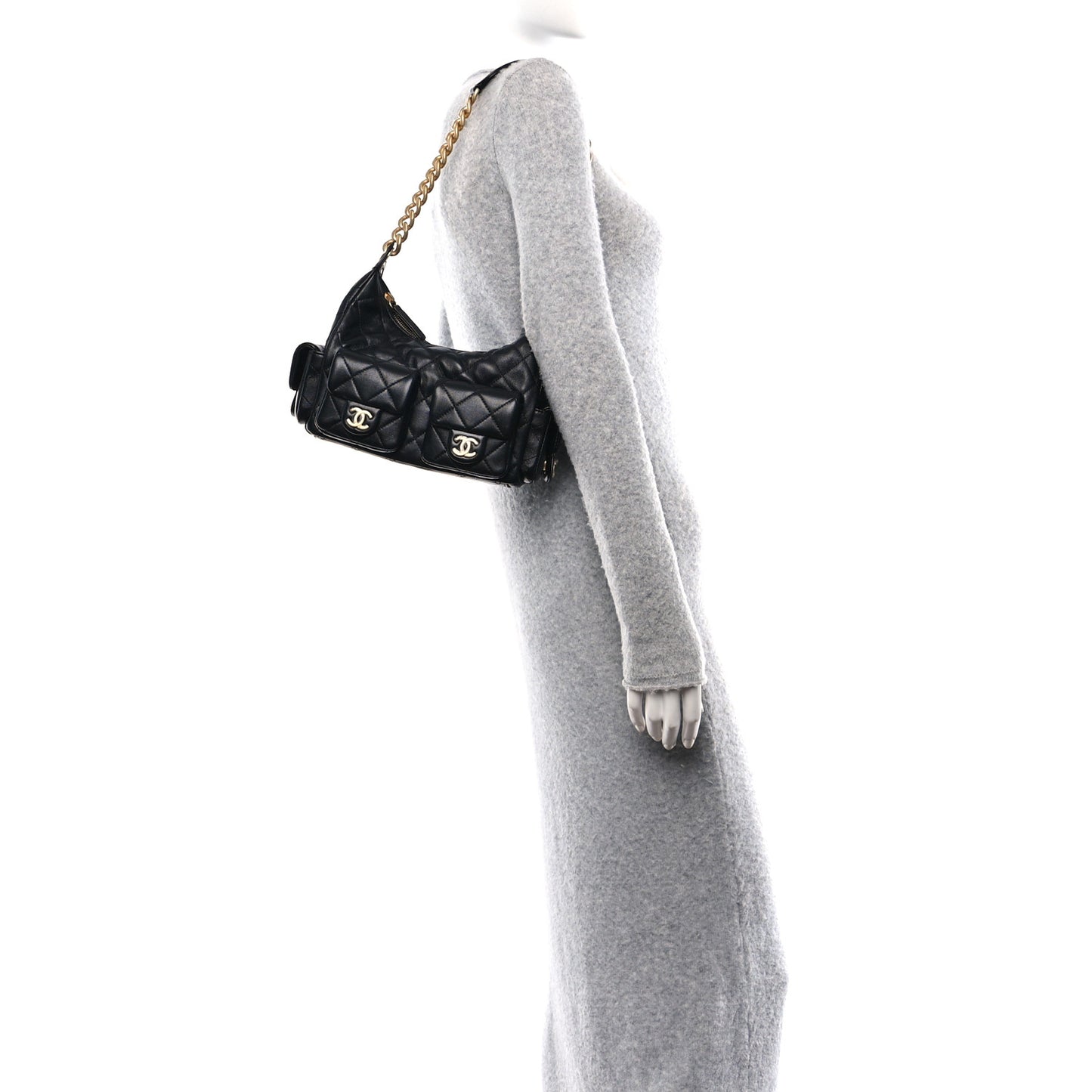 Shiny Lambskin Quilted Trendy Pockets Hobo Black