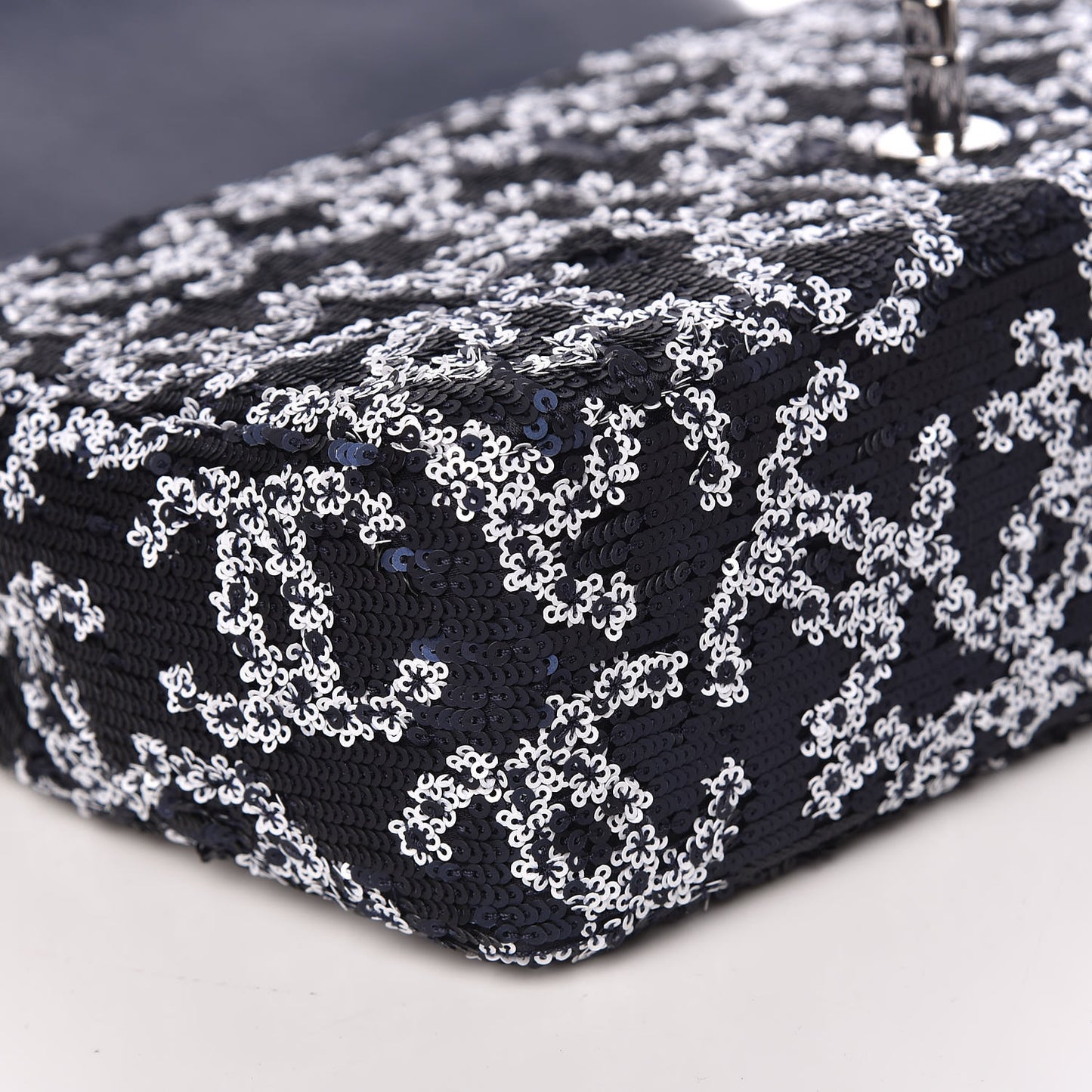 Lambskin Sequins Medium Single Flap Navy Blue White