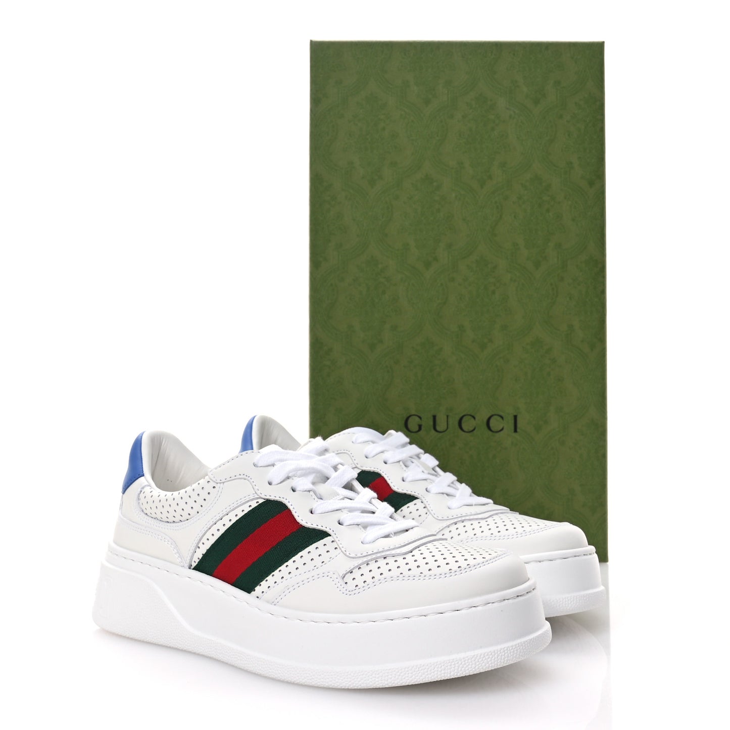 Calfskin Web Perforated Womens Platform 55mm Sneakers 38.5 White Bright Splash