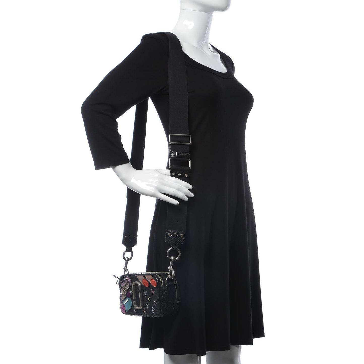 Metallic Sheepskin Python Embossed Snapshot Camera Bag Black