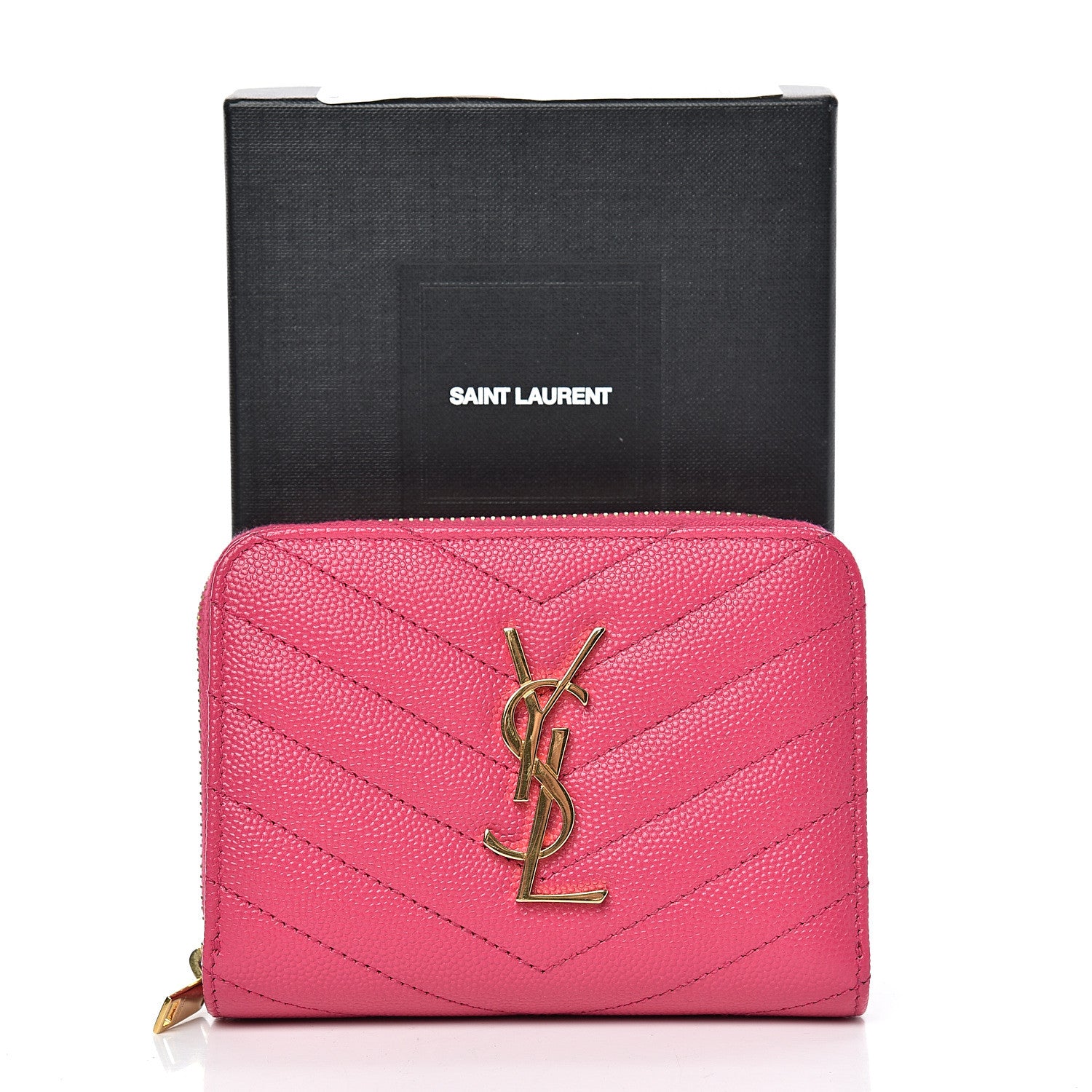 Saint Laurent Grain De Poudre Matelasse Chevron Monogram Compact Zip Around Wallet Fuchsia 9 of 9